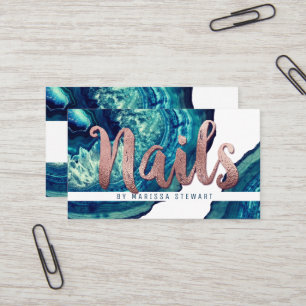 Teal Agate Geode Stone Rose Gold Nail Technician Business Card
