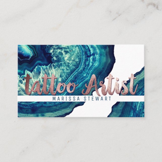 Teal Agate Geode Stone Rose Gold Tattoo Artist Business Card (Front)