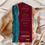 Teal Agate Gold Burgundy Wedding All In One Invitation<br><div class="desc">The left-hand edge of this elegant modern all-in-one wedding invitation and RSVP features a teal blue watercolor agate border trimmed with faux gold glitter. The customisable text combines gold-coloured whimsical handwriting script, copperplate and italic fonts on a burgundy red background. The return address appears on the outside flap and the...</div>