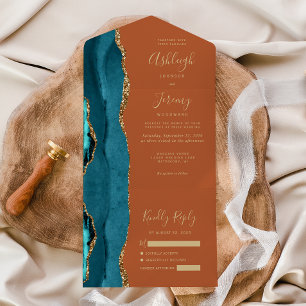 Teal Agate Gold Burnt Orange Wedding All In One Invitation
