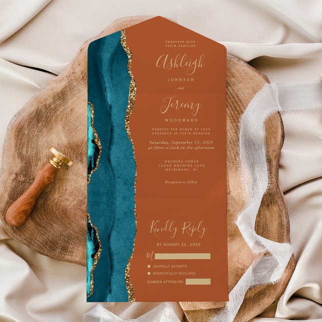 Teal Agate Gold Burnt Orange Wedding All In One Invitation (Creator Uploaded)