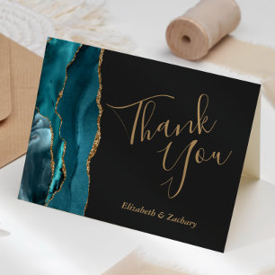 Teal Agate Gold Dark Wedding Thank You Card