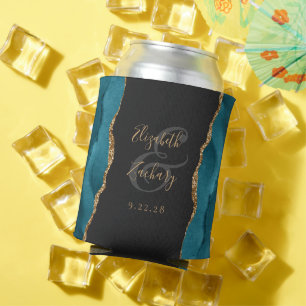 Teal Agate Gold Faux Glitter Dark Wedding Can Cooler