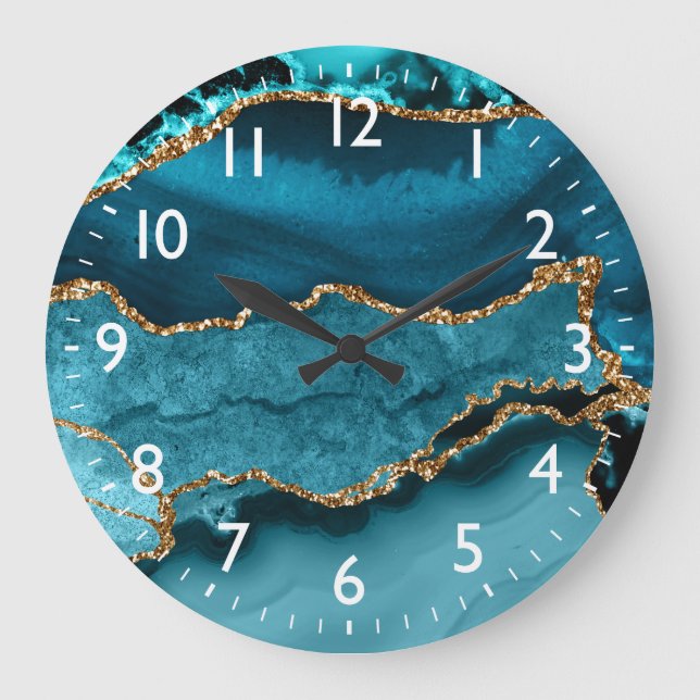 Teal Agate Gold Glitter Abstract Gemstone Large Clock (Front)