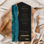 Teal Agate Gold Glitter Dark Wedding All In One Invitation<br><div class="desc">The left-hand edge of this elegant modern all-in-one wedding invitation and RSVP features a teal blue watercolor agate border trimmed with faux gold glitter. The customisable text combines gold-coloured whimsical handwriting script, copperplate and italic fonts on a slate black background. The return address appears on the outside flap and the...</div>