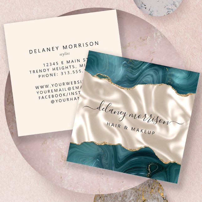Teal Agate Gold Glitter Ivory Luxury Square Business Card (Creator Uploaded)