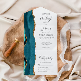 Teal Agate Gold Glitter Wedding All In One Invitation