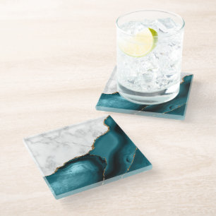 Teal Agate Gold Glitter White Faux Marble Glass Coaster