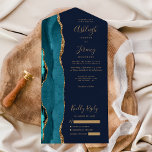 Teal Agate Gold Navy Blue Wedding All In One Invitation<br><div class="desc">The left-hand edge of this elegant modern all-in-one wedding invitation and RSVP features a teal blue watercolor agate border trimmed with faux gold glitter. The customisable text combines gold-coloured whimsical handwriting script, copperplate and italic fonts on a navy blue background. The return address appears on the outside flap and the...</div>