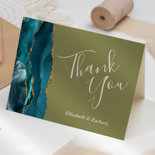 Teal Agate Gold Olive Green Wedding Thank You Card