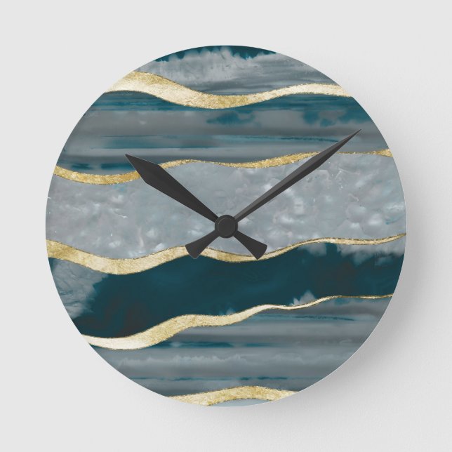 Teal Agate Gold Stripe Glam #1 #gem #decor #art Round Clock (Front)