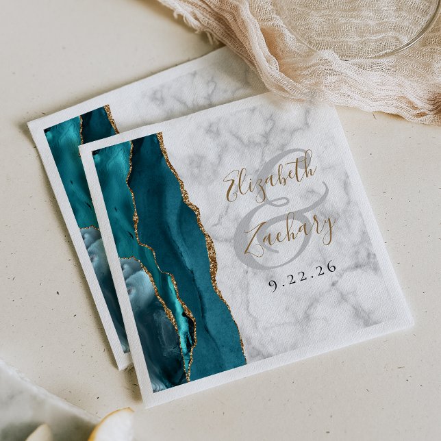 Teal Agate Marble Gold Script Wedding Napkin (Creator Uploaded)