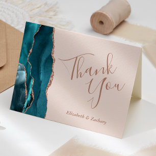 Teal Agate Rose Gold Blush Pink Wedding Thank You Card