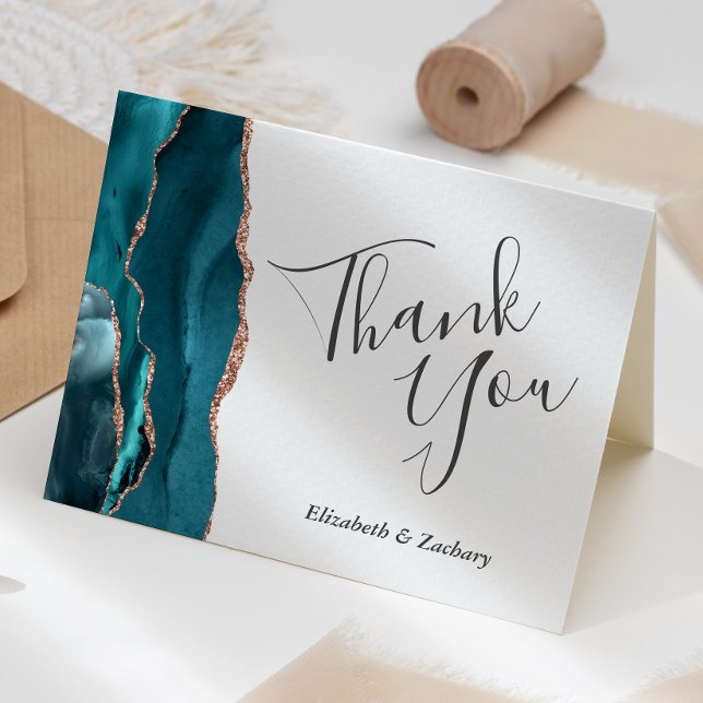 Teal Agate Rose Gold Wedding Thank You Card (Creator Uploaded)