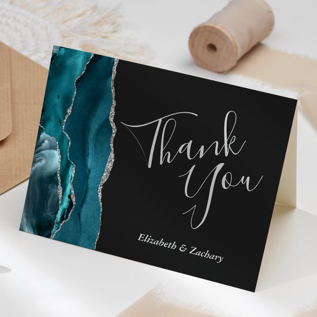 Teal Agate Silver Dark Wedding Thank You Card (Creator Uploaded)