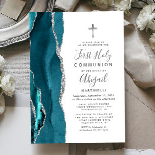 Teal Agate Silver Glitter First Holy Communion Invitation
