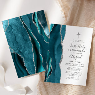 Teal Agate Silver Glitter First Holy Communion Invitation