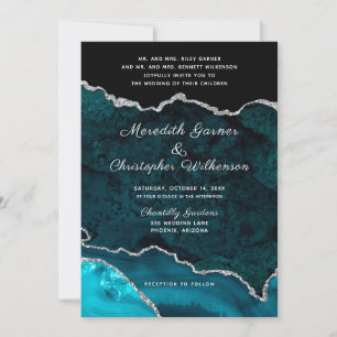Teal Agate Silver Glitter Geode Formal Wedding Invitation