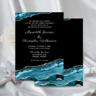 Teal Agate Silver Glitter Geode Formal Wedding Invitation