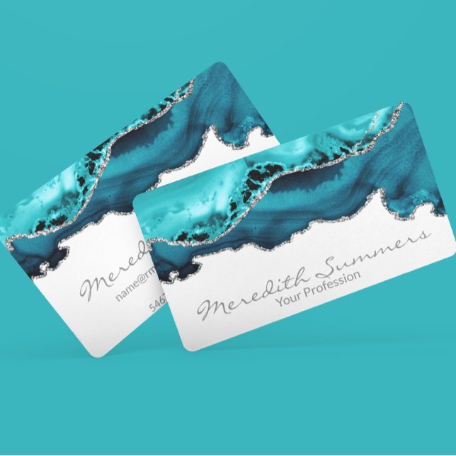 Teal Agate Stone Silver Metallic Custom Business Card (Creator Uploaded)
