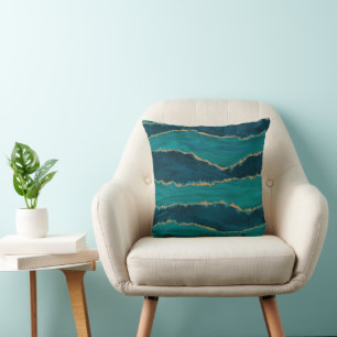 Teal Agate Waves – Abstract Marble with Gold Cushion