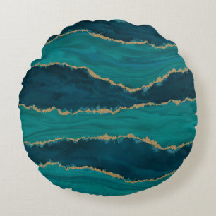 Teal Agate Waves – Abstract Marble with Gold Round Cushion