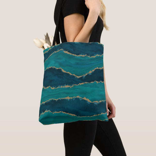 Teal Agate Waves – Abstract Marble with Gold Tote Bag (Close Up)