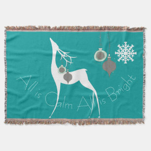 Teal All is Calm All is Bright Deer Holiday Throw Blanket