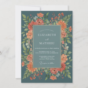 Teal Amber Blossom Romance Wedding Invitation