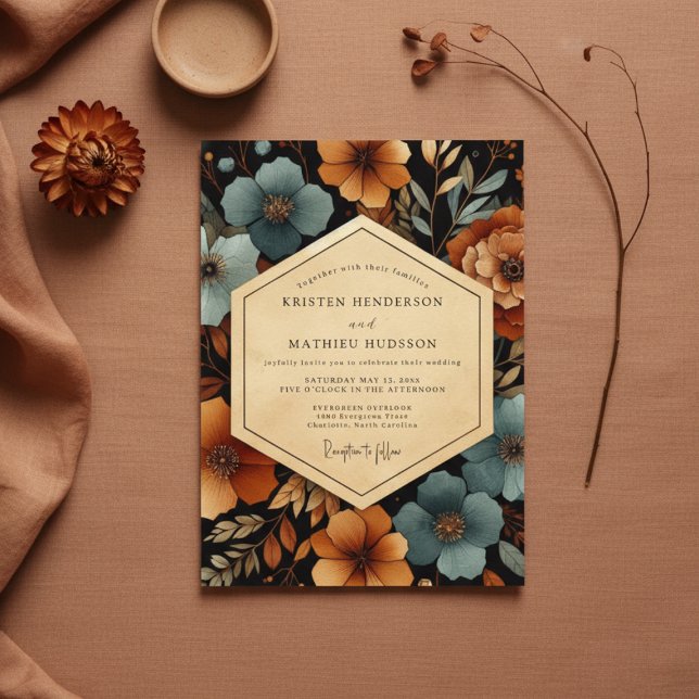 Teal Amber Floral Autumn Wedding Invitation (Creator Uploaded)