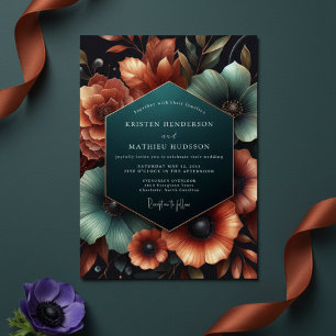 Teal Amber Floral Moody Wedding Invitation