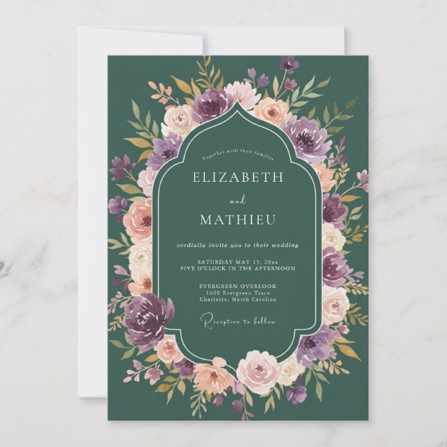 Teal Amethyst Dahlia Wedding Invitation (Front)