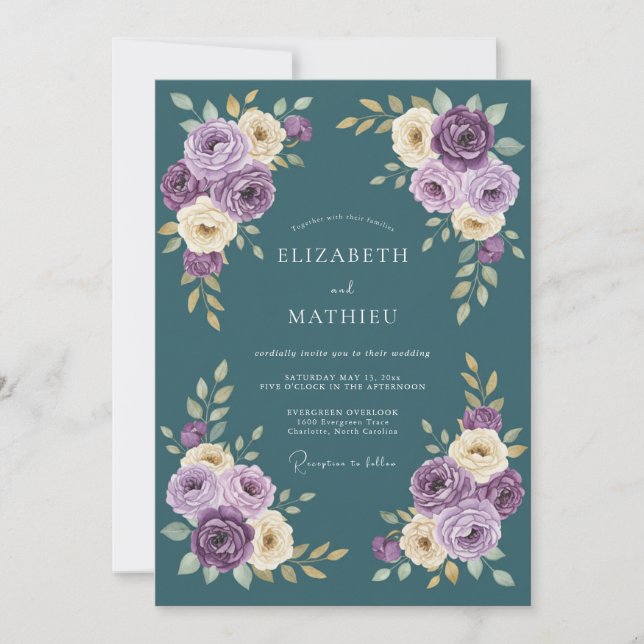 Teal Amethyst Floral Romance Wedding Invitation (Front)