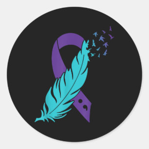 Teal &amp; Purple Ribbon Feather Semicolon Suicide Classic Round Sticker
