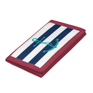 Teal Anchor on Blue Stripes Tri-fold Wallet