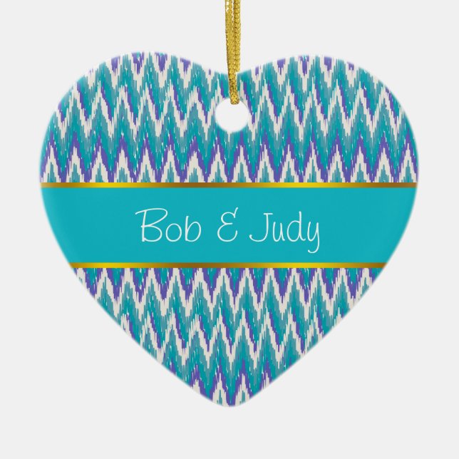 Teal and Amethyst iKat ZigZag pattern Ceramic Tree Decoration (Front)