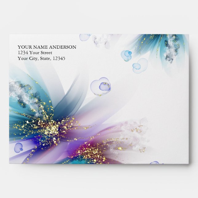 Teal and Amethyst Purple Ink Flowers Envelope (Front)