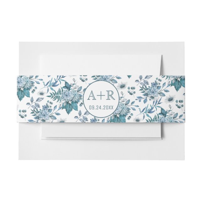 Teal and aqua blue floral pattern initials wedding invitation belly band (Front Example)