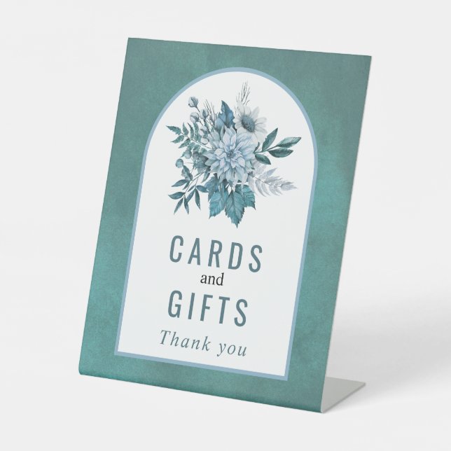 Teal and aqua blue flowers and foliage wedding pedestal sign (Front)