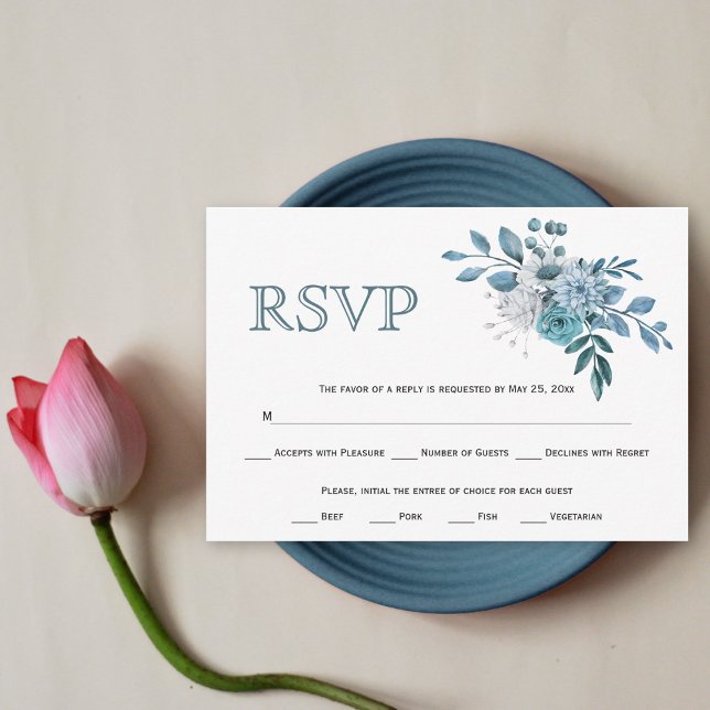 Teal and aqua blue flowers and foliage wedding RSVP card (Creator Uploaded)