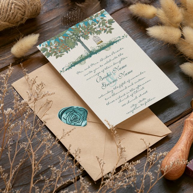 Teal and Aqua Bunting Tree Birdcage Wedding Invite (Creator Uploaded)