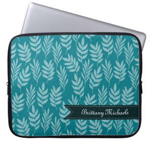 Teal and Aqua Elegant Leaves Pattern With Name Laptop Sleeve