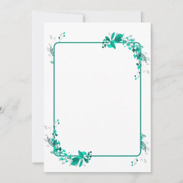 Teal and aqua leaf cascade motif blank invitation (Front)