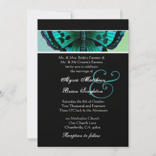 Teal and Aqua Vintage Butterfly Wedding Metallic Invitation