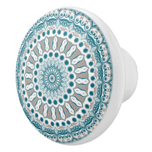 Teal and Beige Decorative Mandala Pattern Ceramic Knob