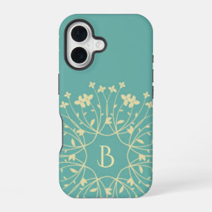 Teal and Beige Elegant Flower Wreath Monogram iPhone 16 Case