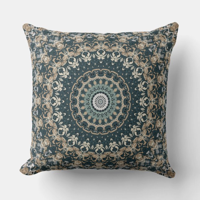 Teal and Beige Mandala Pattern Design Cushion (Front)