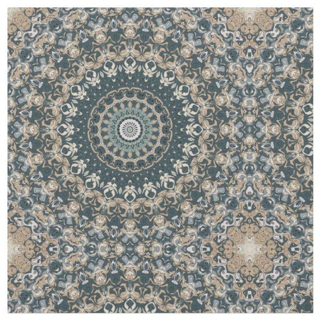 Teal and Beige Mandala Pattern Design Fabric (Close Up)
