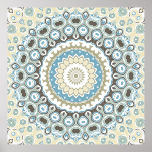 Teal and Beige Mandala Pattern with Earth Tones Poster