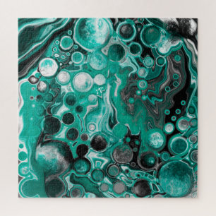 Teal and Black Bubbles Digital Fluid Art Cells   Jigsaw Puzzle